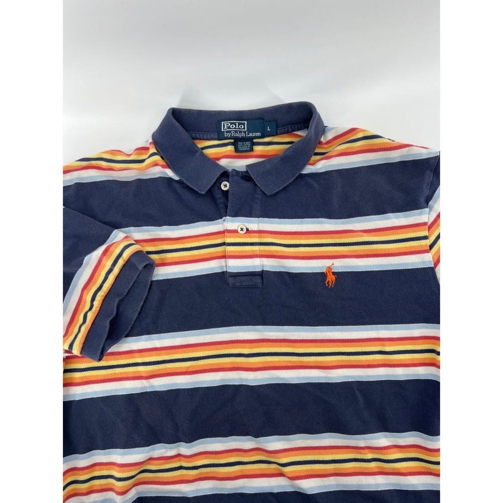 Polo Ralph Lauren Mens Large Navy Blue Multi Color Striped Cotton Polo Shirt L